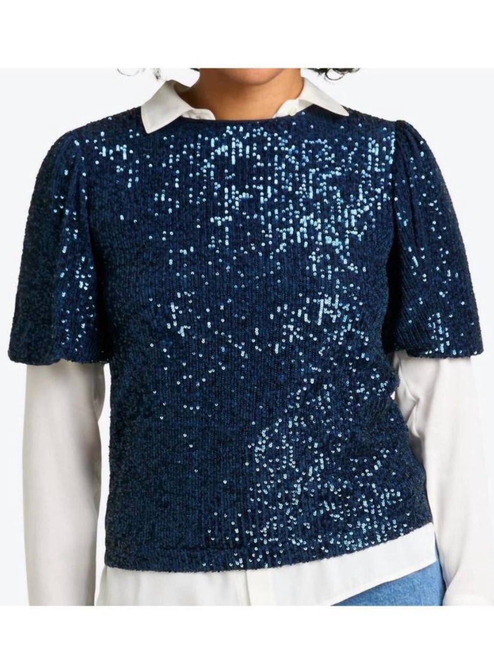 DRAPER JAMES Flutter Sleeve Sequin Top Blue Size Medium Holiday Party Event